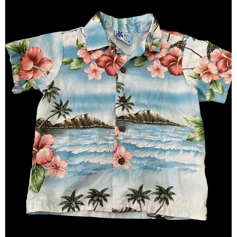 Hawaiian Made RJC Boys Shirt Plumeria Tropical Island Palm Ocean Print Size 5